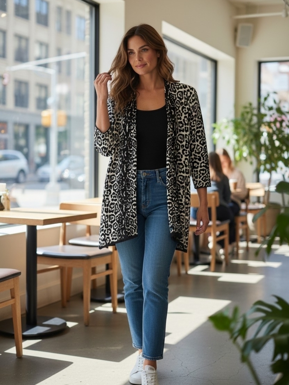 Chico's Black and White Animal-Print Open Cardigan